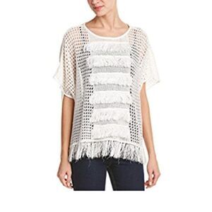 TRINA TURK Women's White Anja‎ Fringed Poncho Short Sleeve Sweater SMALL
